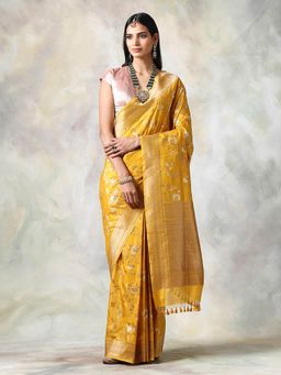 WeaverStory - Yellow Floral Saree With Unstitched Blouse