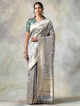 WeaverStory - Grey Floral Saree With Unstitched Blouse