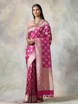 WeaverStory - Purple Floral Saree With Unstitched Blouse