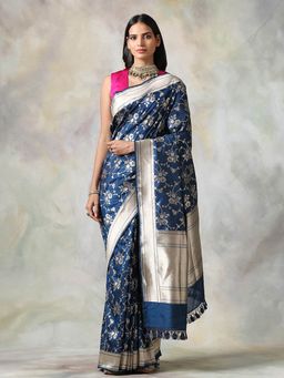 WeaverStory - Blue Floral Saree With Unstitched Blouse