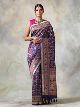 WeaverStory - Blue Floral Saree With Unstitched Blouse