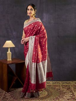 WeaverStory - Handloom Red Kadhwa Booti Saree with Blouse