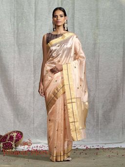 WeaverStory - Handloom Light Peach Floral Booti Saree and Blouse with Blue Meenakari