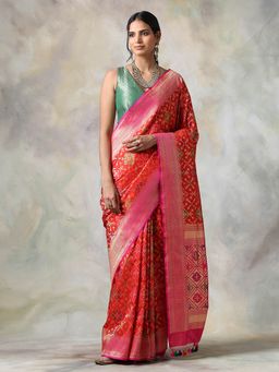 WeaverStory - Red Floral Saree With Unstitched Blouse