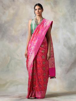 WeaverStory - Pink Floral Saree With Unstitched Blouse