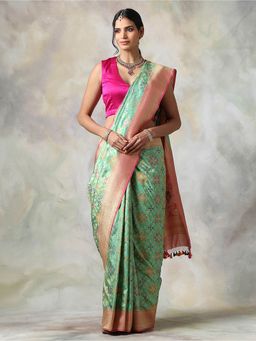 WeaverStory - Green Floral Saree With Unstitched Blouse
