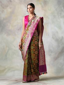 WeaverStory - Green Floral Saree With Unstitched Blouse
