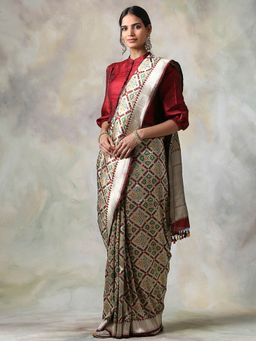 WeaverStory - Maroon Floral Saree With Unstitched Blouse