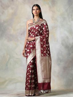 WeaverStory - Wine Floral Saree With Unstitched Blouse
