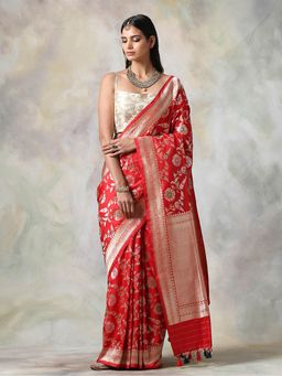 WeaverStory - Red Floral Saree With Unstitched Blouse