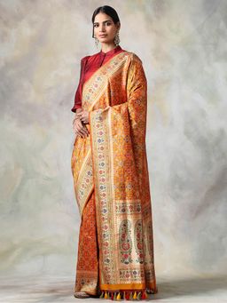 WeaverStory - Mustard Floral Saree With Unstitched Blouse