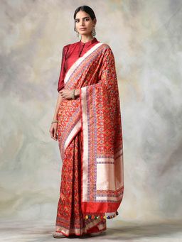 WeaverStory - Red Floral Saree With Unstitched Blouse