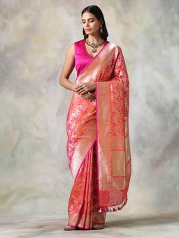 WeaverStory - Pink Floral Saree With Unstitched Blouse