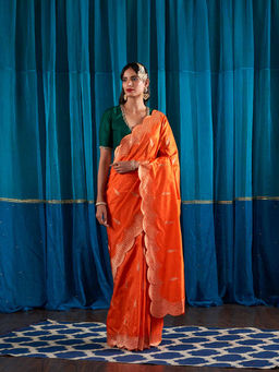 WeaverStory - Handwoven Orange Scallop Border Saree With Unstitched Blouse