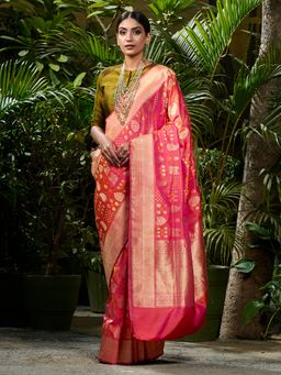 WeaverStory - Handwoven Rani Real Zari Kadhwa Booti Saree With Unstitched Blouse