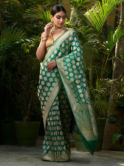 WeaverStory - Handwoven Teal Green Anaar Boota Jangla Saree With Unstitched Blouse