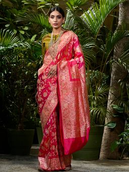 WeaverStory - Handwoven Rani Pink And Orange Dual Tone Koniya Jangla Saree With Unstitched Blouse