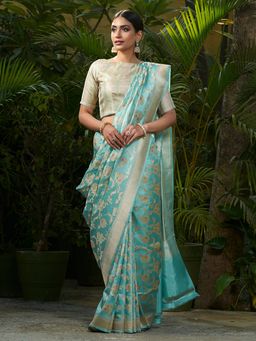 WeaverStory - Handwoven Powder Blue Jangla Saree With Flower Basket Motifs And Unstitched Blouse