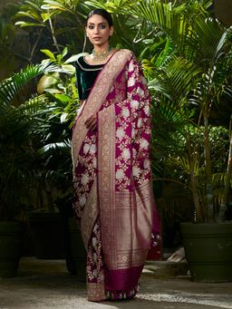 WeaverStory - Handwoven Purple Angoor Jangla Saree With Unstitched Blouse