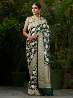 WeaverStory - Handwoven Green Angoor Jangla Saree With Unstitched Blouse