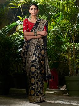 WeaverStory - Handwoven Black Kadhwa Jangla Saree With Red Meenakari And Unstitched Blouse