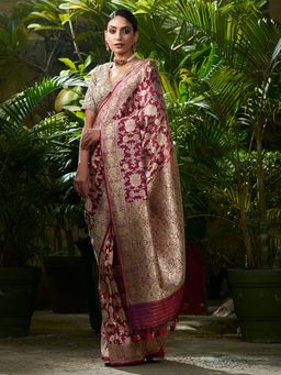 WeaverStory - Handwoven Garnet Red Kadhwa Jangla Saree With Rani Meenakari And Unstitched Blouse
