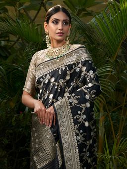 WeaverStory - Handwoven Black Sona Rupa Kadhwa Jangla Saree With Unstitched Pink Blouse