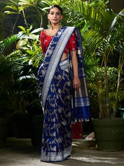 WeaverStory - Handwoven Indigo Blue Kadhwa Jangla Saree With Unstitched Blouse