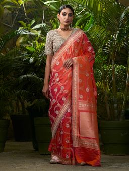 WeaverStory - Handwoven Orange Dual Tone Kadhwa Jangla Saree With Unstitched Blouse