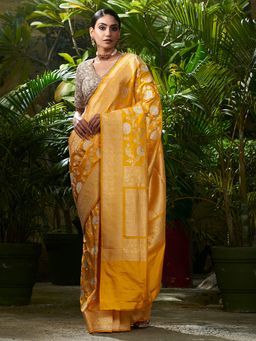 WeaverStory - Handwoven Yellow Sona Rupa Kadhwa Jangla Saree With Unstitched Blouse
