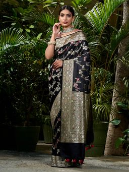 WeaverStory - Handwoven Black Sona Rupa Kadhwa Jangla Saree With Meenakari And Unstitched Blouse