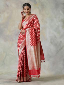 WeaverStory - Red Handloom Saree with Unstitched Blouse