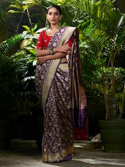 WeaverStory - Handwoven Purple Kadhwa Jangla Saree With Meenakari And Unstitched Blouse