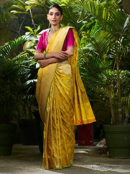 WeaverStory - Handwoven Lime Green Kadhwa Jangla Saree With Unstitched Blouse