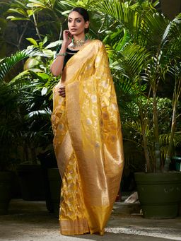 WeaverStory - Handwoven Yellow Meenakari Kadhwa Jangla Saree With Unstitched Blouse