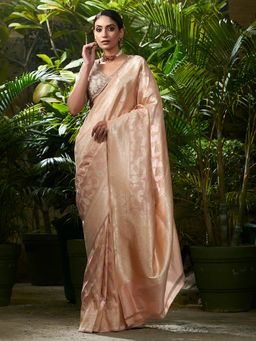 WeaverStory - Handwoven Powder Pink Shikargah Jangla Saree With Unstitched Blouse
