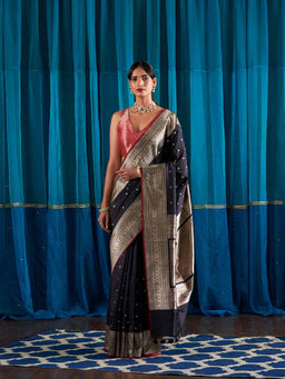 WeaverStory - Handwoven Black Kadhwa Booti Small Border Saree With Unstitched Blouse