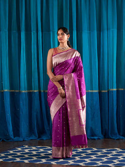 WeaverStory - Handwoven Purple Kadhwa Booti Small Border Saree With Unstitched Blouse