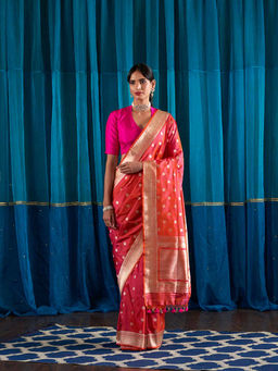 WeaverStory - Handwoven Pink Orange Ginni Booti Saree With Unstitched Blouse