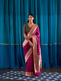 WeaverStory - Handwoven Green Kadhwa Booti Saree With Unstitched Blouse