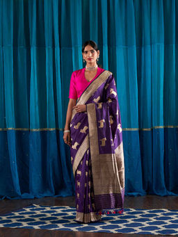 WeaverStory - Handwoven Purple Saree With Nandi With Unstitched Blouse