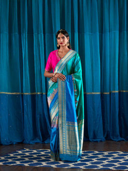 WeaverStory - Handwoven Blue Green Half And Half Kadhwa Meenakari Saree With Unstitched Blouse