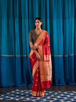 WeaverStory - Handwoven Red Chaand Boota Saree With Unstitched Blouse