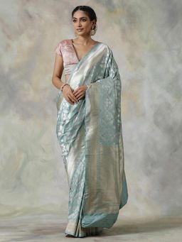 WeaverStory - Blue Handloom Saree with Unstitched Blouse