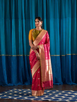 WeaverStory - Handwoven Pink Kadhwa Booti Saree With Gold And Silver Zari With Unstitched Blouse