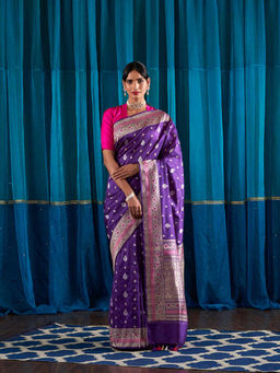 WeaverStory - Handwoven Purple Kadhwa Booti Saree With Meenakari Border With Unstitched Blouse