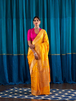 WeaverStory - Handwoven Yellow Chand Boota Saree With Unstitched Blouse
