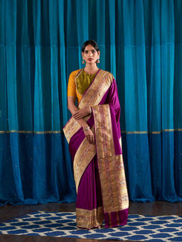 WeaverStory - Handwoven Purple Satin Saree With Gold Zari Meenakari Border With Unstitched Blouse