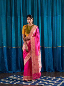 WeaverStory - Handwoven Hot Pink Plain Silk Saree Meenakari Border & Pallu With Unstitched Blouse