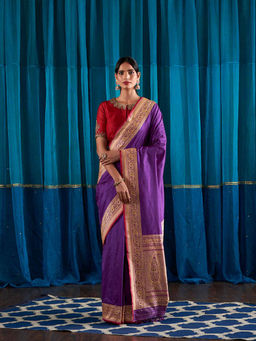 WeaverStory - Handwoven Purple Plain Katan Silk Saree With Meenakari Border With Unstitched Blouse